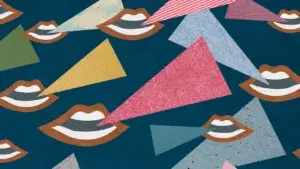 collage artwork with mouths and colour speech bubbles