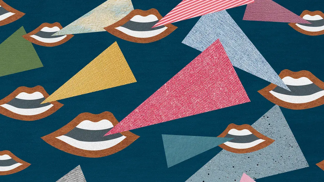 collage artwork with mouths and colour speech bubbles