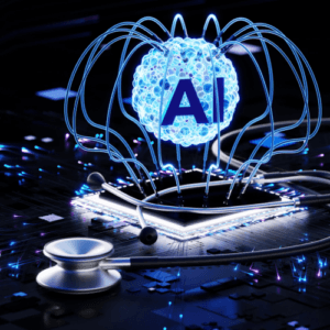 A glowing AI symbol is connected to a detailed CPU and circuit board, with a stethoscope resting on the surface. This image symbolizes the intersection of artificial intelligence and healthcare, highlighting advancements in medical diagnostics, machine learning, and smart technology.