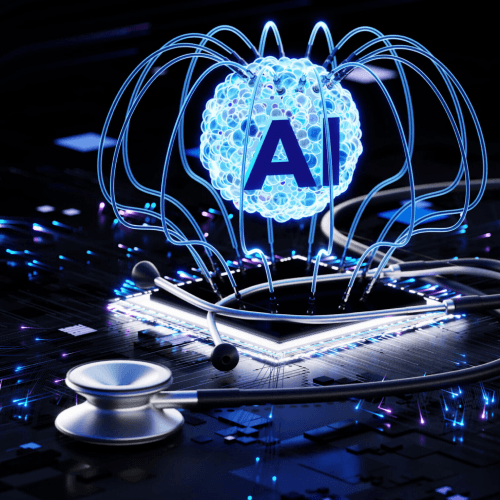 A glowing AI symbol is connected to a detailed CPU and circuit board, with a stethoscope resting on the surface. This image symbolizes the intersection of artificial intelligence and healthcare, highlighting advancements in medical diagnostics, machine learning, and smart technology.