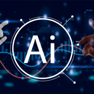 Illustration of AI technology with digital data visualization and robotic and human hands reaching toward an AI symbol.