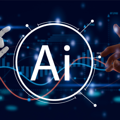 Illustration of AI technology with digital data visualization and robotic and human hands reaching toward an AI symbol.